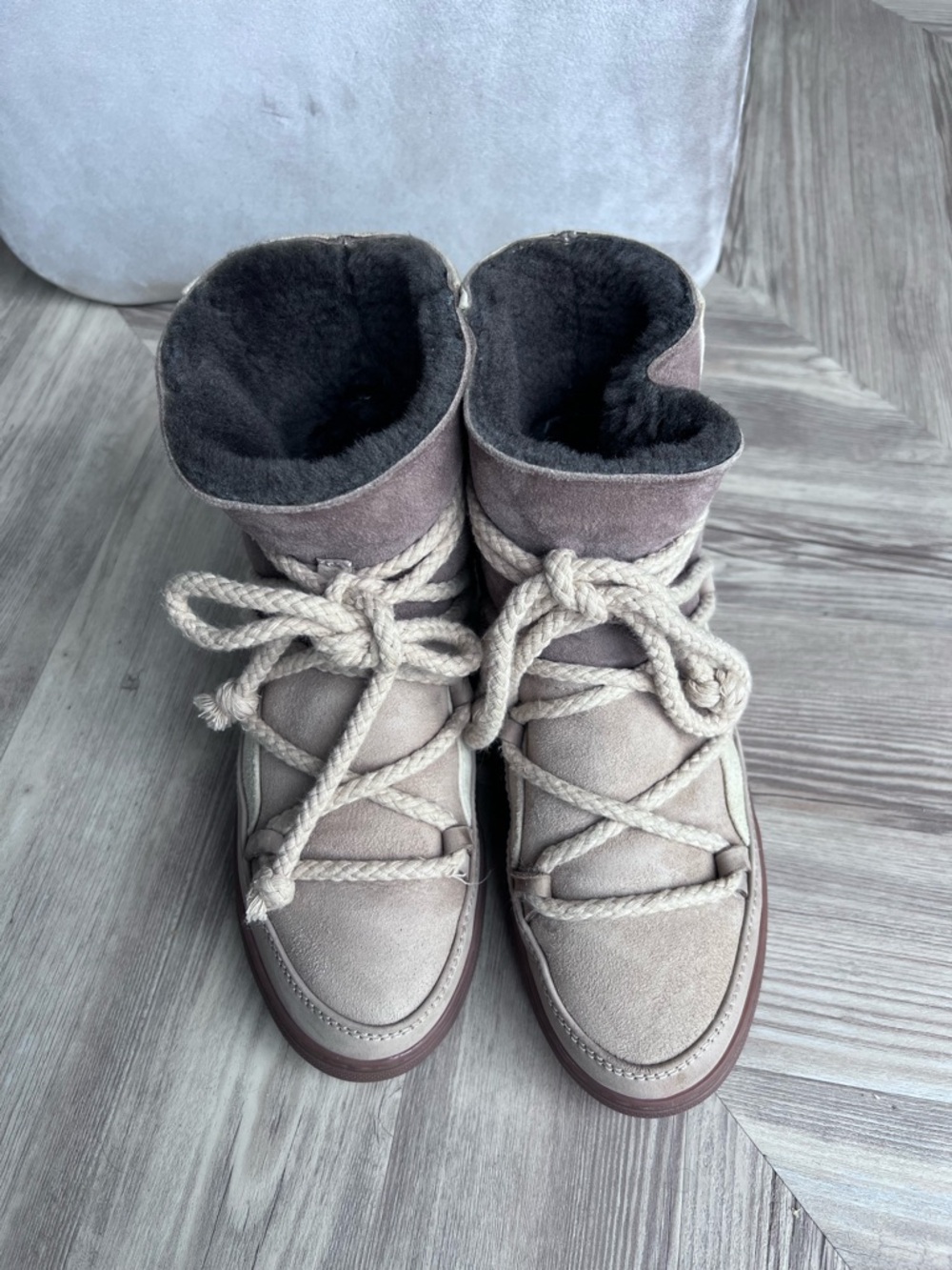 Women’s Light Taupe Suede Lace-Up Winter Boots with Plush Lining
